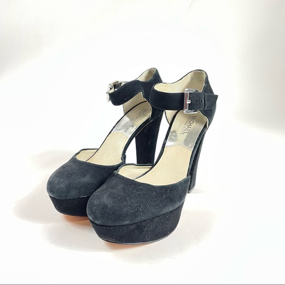 Michael Michael Kors Black Suede Ankle Strap Buckle Platform Chunky Pumps 9M - Picture 4 of 9